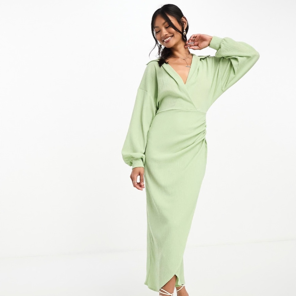 ASOS DESIGN textured collared wrap midi dress in mint/sage US Size 6